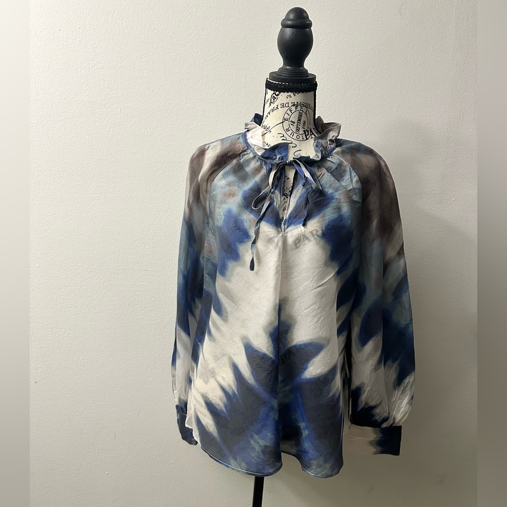Banana Republic Sheer Ruffle Neck Tie-Dye Blouse | Size M